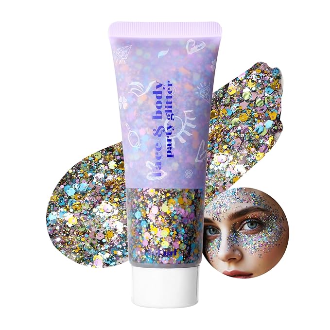 DAGEDA Carnival Body Glitter Gel, Holographic Face Glitter Rave Party Accessories, Chunky Glitters for Hair Eyes Nails, Cosmetic Laser Powder Festival Sequins Paint Makeup