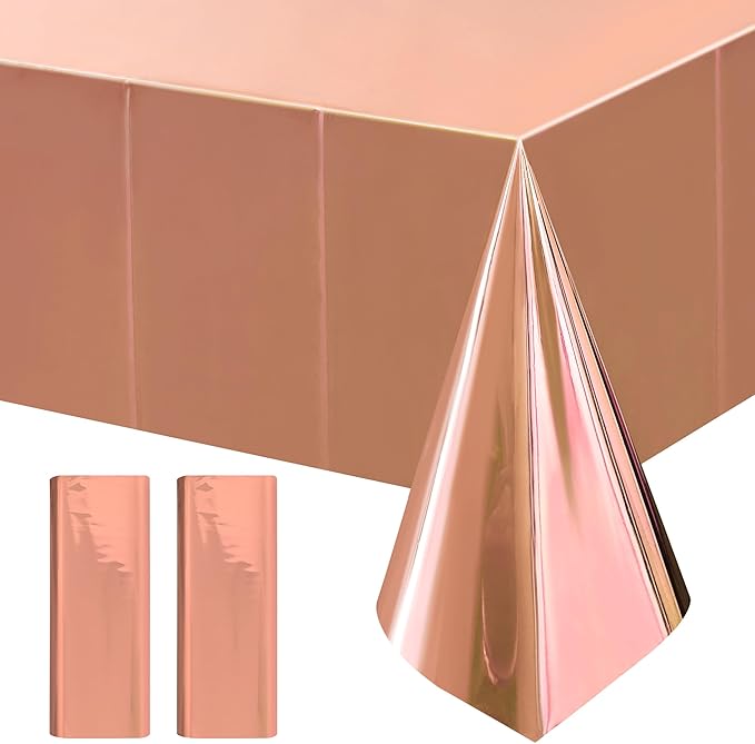 2pcs Rose Gold Foil Tablecloth 54*72inch Plastic Weddng Birthday Party Table Cloths Disposable Waterproof Table Cover for Elegant Event Anniversary Baby Shower Graduation Party Supplies