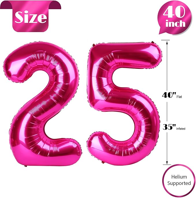 25 Balloon Number, Hot Pink Number 25th Birthday Balloons 40 Inch, 25 or 52 Years Old Hot Pink Birthday Decorations for Men Women, 25th Anniversary Decorations