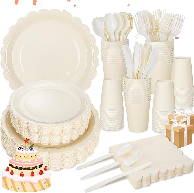 LIYH 350 Pcs Ivory Paper Plates and Napkins 50 Guest Cream Party Supplies Include Ivory Scalloped Disposable Paper Plates Cocktail Napkins Cups Spoons Forks Knives for Baby Shower,Birthday