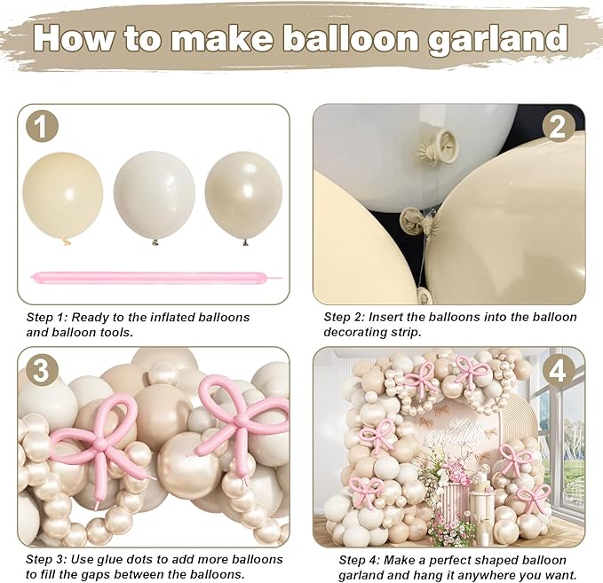 Pearl White Balloon Garland Arch Kit 132 Pcs Bow Coquette Sand White Ivory Party Balloons with Pastel Pink Long Latex Balloon for Girls Princess Wedding Baby Shower Bridal Birthday Party Decor
