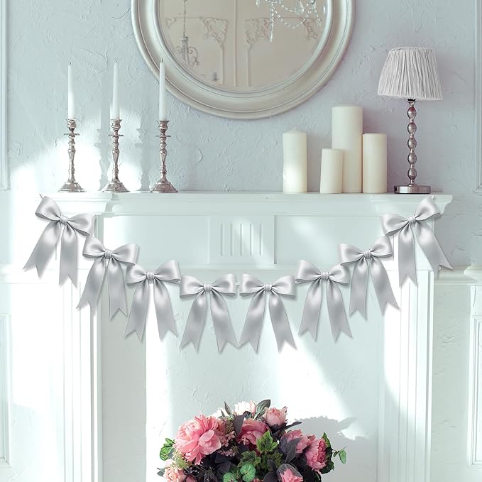 1 String of 8PCS Silver Bow Garland Banner Decoration,Pre-Strung Satin Ribbon Ornaments for Birthday,Bachelorette Party,Bridal Shower,Wedding,Engagement,Baby Shower,Graduation Decor,Anniversary