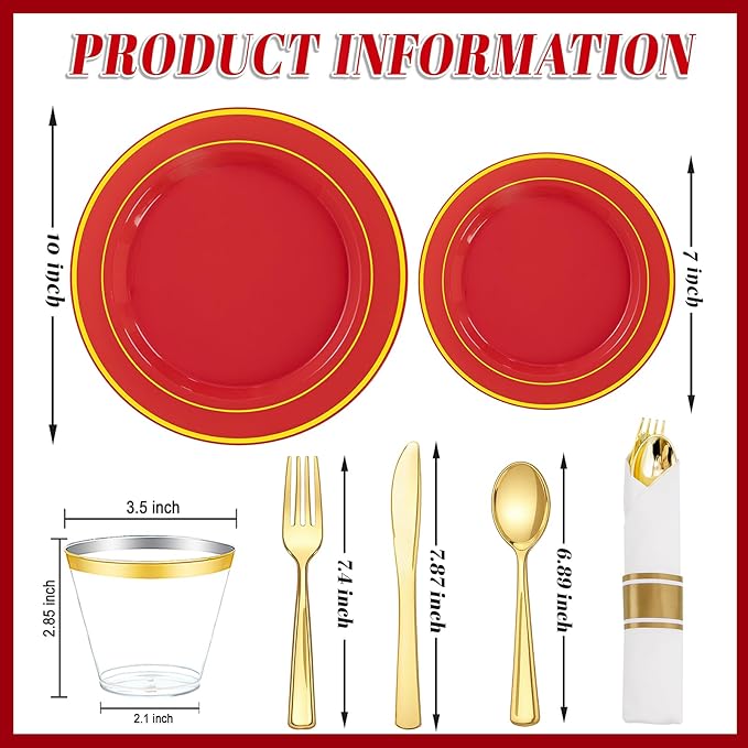 350Pieces Red Plastic Plates with Gold Rim Include 50Dinner Plate 10inch 50Dessert Plate 7inch 50 gold Cups 9 OZ, 50 Pre Rolled Napkins for Party Baby Shower Wedding Spring