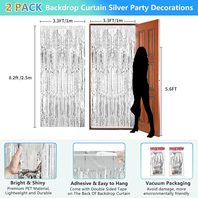 2 Pack Foil Curtain Backdrop Curtains Silver Tinsel Door Streamers Birthday Party Decorations Photo Booth Props for Disco Party Graduation Wedding Baby Shower Bachelorette Christmas Gender Reveal