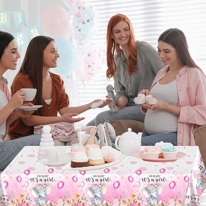 6 Pack Elephant Baby Shower Decorations - Plastic Tablecloth Table Cover Backdrop for Boy Girl Gender Party Supplies, 54 x 108 Inch, Pink