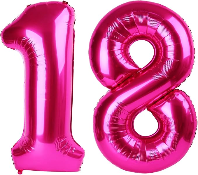 Giant Hot Pink 18 Balloon Number 40 Inch, 18 Number Balloons Birthday Supplies, 18 Year Old Birthday Party Celebration, 18 Balloons Graduations Anniversary Decorations