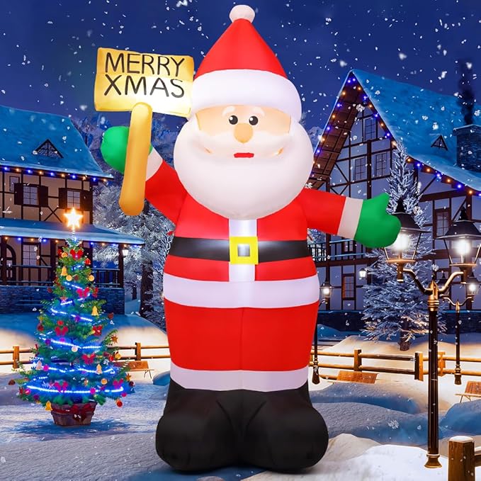 GOOSH 8 FT Christmas Inflatables Santa Claus Outdoor Decorations Blow Up Yard Santa Claus Holding Merry Xmas Sign with Built-in LEDs for Holiday Party Xmas Yard Garden Lawn Decor