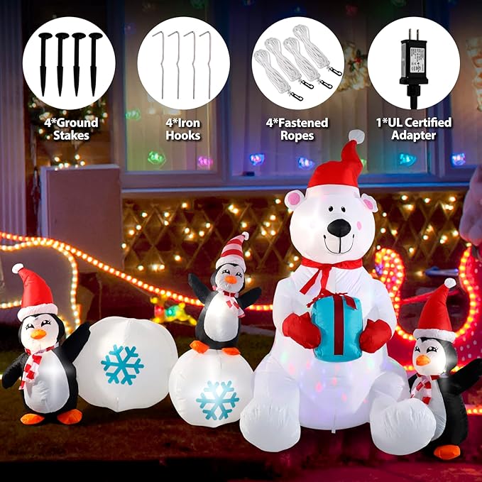 Inflatable Christmas Decorations, SHDEJTG 10FT Snowman Polar Bear Snowball Blow Up Christmas Decorations Outdoor with Colorful Rotating LED Lights, Giant Inflation for Xmas Indoor Lawn Garden