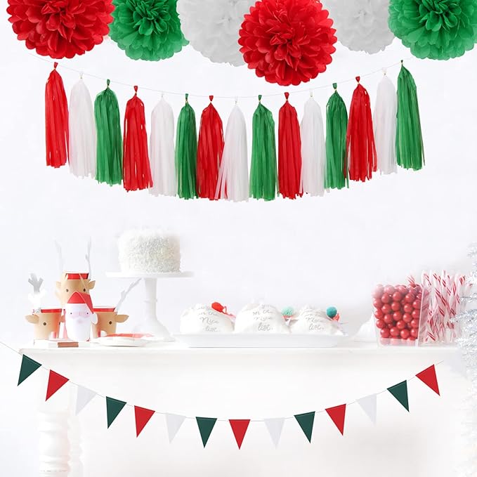 Red-Green White Christmas Party-Decorations Tassel-Garland -15pcs Mexico Italy Tassels Banner Streamers,Mexican Italian Birthday Wedding Baby Shower Decor Panduola