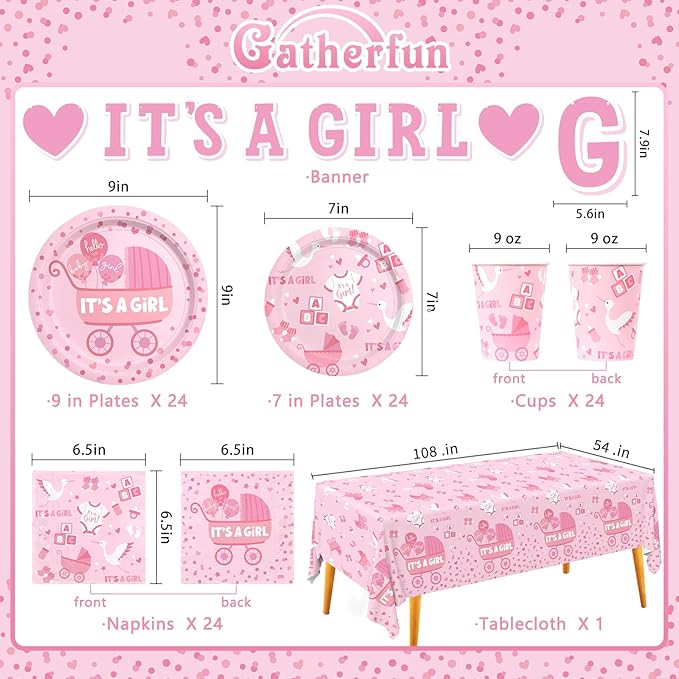 Baby Girl Shower Decorations for 24 Guests - It’s A Girl Decorations Kit Including Disposable Plates, Napkins, Cups, Tablecloth & Banner for Baby Shower Decorations Girl