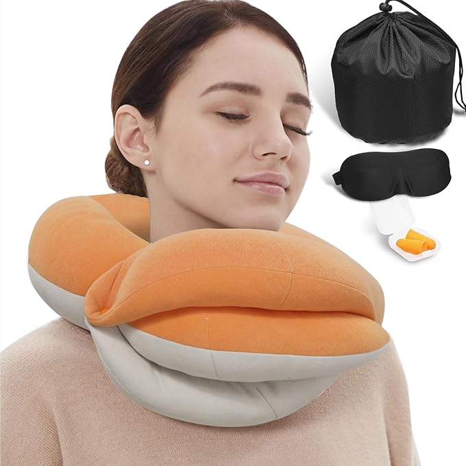 BUYUE Travel Neck Pillows for Airplanes, 360° Head Support Sleep for Long Flight, Skin-Friendly & Breathable, Kit with 3D Contoured Eye Mask, Earplugs and Storage Bag (Adult, Orange, 90+ lbs)