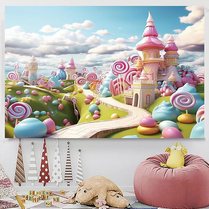 6x4ft Candyland Backdrop Fantasy Sweet Candy Castle Cream Photography Background Candyland Theme Boys Girls Birthday Party Decorations Banner Photo Studio Props