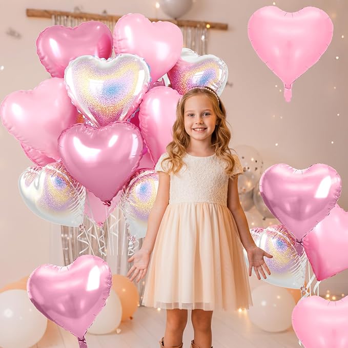 Pink and Silver Heart Balloons, 10 Pcs Pink Laser Silver Heart Shaped Balloon, 18 Inch Metallic Glitter Stars Foil Balloons for Girls Women Princess Brithday Baby Shower Valentines Party Decorations