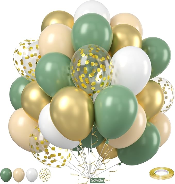 Sage Green Gold Balloons, 50Pcs 12 Inches Dusty Green White Metallic Gold Confetti Balloons for Engagement Anniversary Bridal Wedding Baby Shower Graduation Birthday Party Decorations