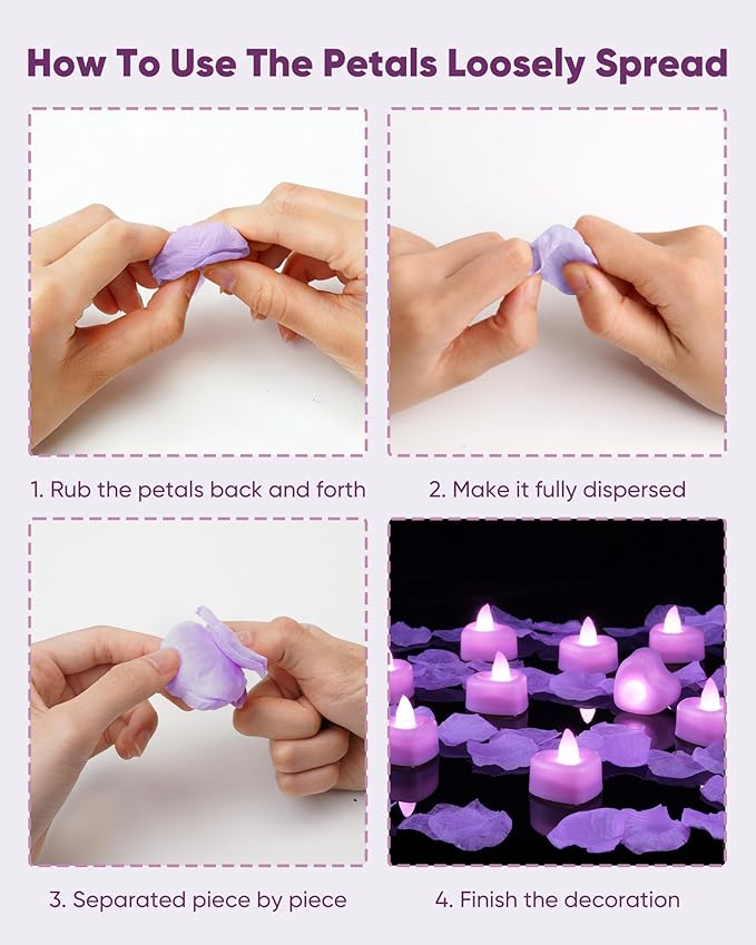 Amagic 2000 Pieces Light Purple Artificial Rose Petals with 24 Light Purple LED Tea Lights, Rose Petals and Candles Set for Proposal, Anniversary, Romantic Night, Wedding Decor