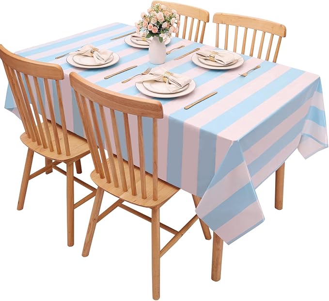 Kesfey 3 Packs Light Blue and White Striped Table Cloth 54 x 108 Inches Bluey Stripe Table Cover Disposable Plastic Beach Tablecloths Waterproof Rectangle Picnic Tablecover for Pool Birthday Party