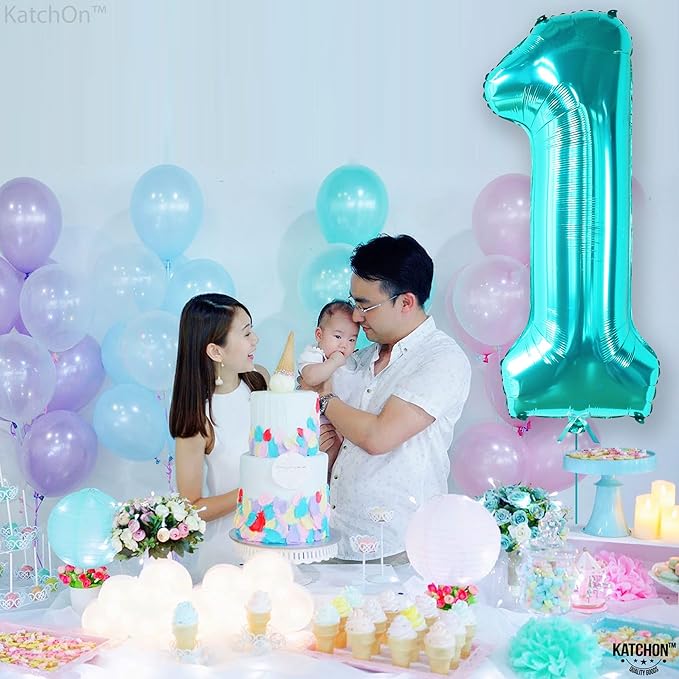 KatchOn, Giant Blue Teal Number 1 Balloon Number - 40 Inch | Mylar Foil Number 1 Balloons Happy Birthday Decorations Teal | Number Balloons For 1st Anniversary Decorations | 1 Foil Balloon