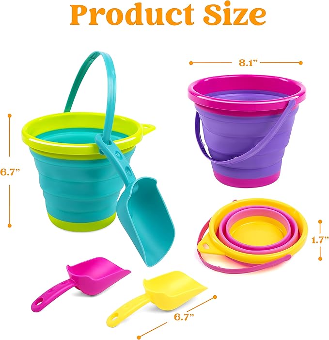 JOYIN Foldable Beach Bucket Set - 3 Packs Collapsible Toy Buckets with Shovels and Mesh Backpack for Kids Toddlers Party, Camping Gear, Travelling, Fishing Water Pail (Pink/Purple/Green)