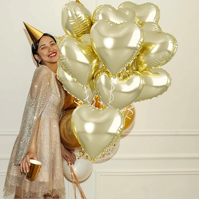 Pastel Gold Heart Balloons - 18 Inch Foil, 10 Pcs Love Balloons for Valentines Day, Birthday, Wedding, Bridal, Baby Shower Decorations
