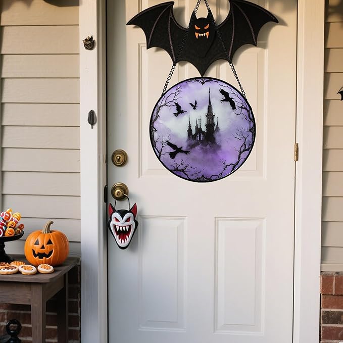 Stained Glass Window Hanging - Halloween Gothic Castle Purple Smoke Suncatcher for Doors Garden Home Spooky Crow Sun Catchers Gothic Decor Horror Gift for Women Men Friend Boy Girl 7.8 in