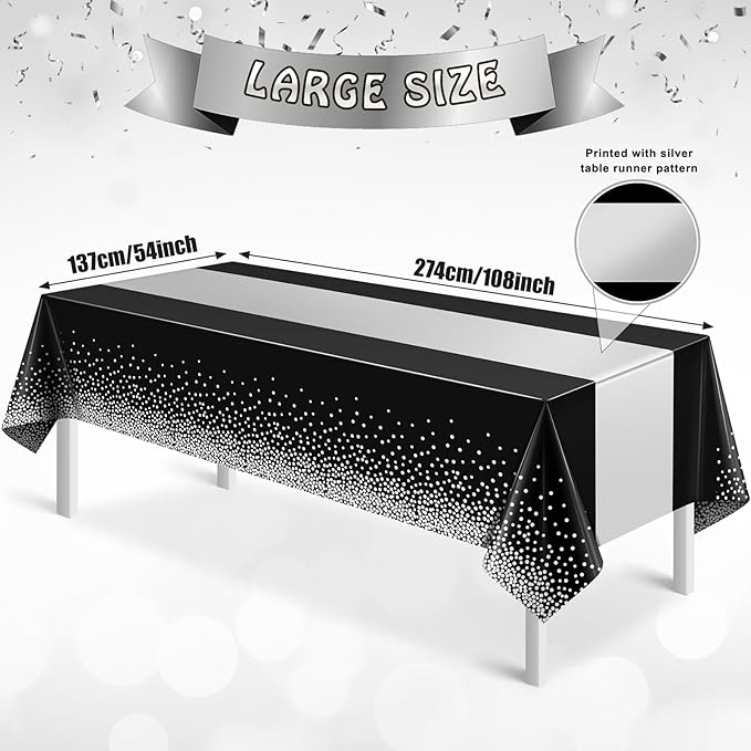 3Pcs Black and Silver Tablecloth Party Decorations,Plastic Black Table Cloth Printed Silver Table Runner Disposable Rectangle Table Cover for Birthday Anniversary Wedding Graduation Party,54 x108 Inch