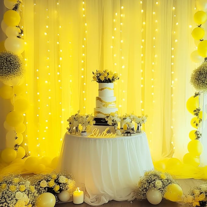 10ft x 8ft Yellow Backdrop Curtain with Lights String for Parties, Sheer Tulle Wedding Photo Backdrops Drapes for Baby Shower Birthday Party Decorations Background for Photography