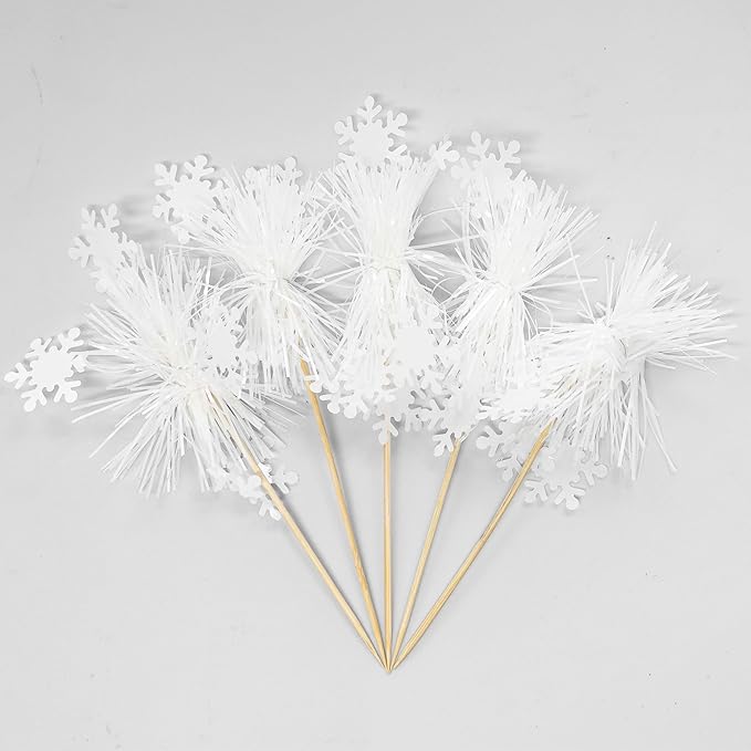 Gyufise 20Pcs Foil Firework Cupcake Toppers Sparkle Tinsel Cake Toppers Tinsel Drink Cake Decoration Cocktail Picks for Birthday Wedding Graduation Party Supplies White