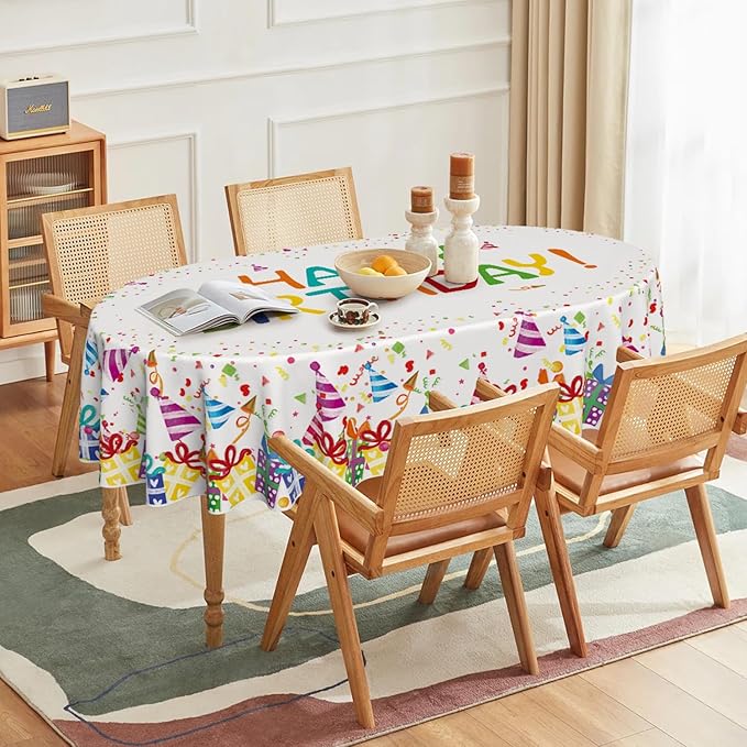 Horaldaily Birthday Tablecloth 60x84 Inch Oval, Happy Birthday Ballon White Washable Seasonal Table Cover for Party Picnic Dinner Decor