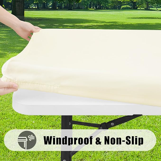 Smiry 2 Pack Rectangle Picnic Table Cloth, Waterproof Elastic Fitted Tablecloths, Washable Polyester Rectangular Patio Table Cover for Camping, Indoor and Outdoor (Beige, 30"x96")