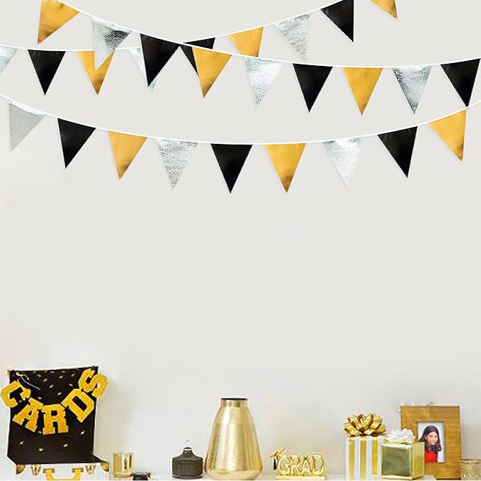 Black Gold Silver Party Decoration Triangle Pennant Banner Flag Metallic Fabric Bunting Garland for Birthday Graduation Anniversary Wedding Bridal Shower Bachelorette Engagement Disco Party Supplies