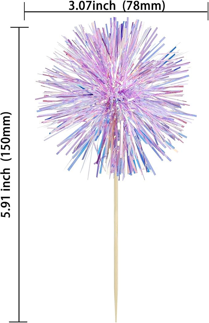 Gyufise 30Pcs Foil Firework Cupcake Toppers Sparkle Tinsel Cake Toppers Tinsel Drink Cake Decoration Cocktail Picks for Birthday Wedding Graduation Party Supplies Laser Purple
