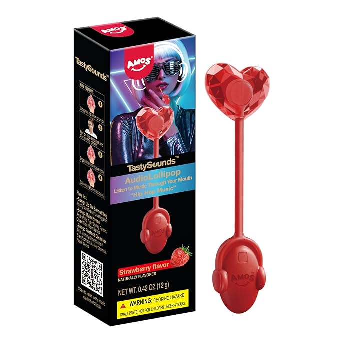 Amos Music Lollipop Candy, Audio Singing Lollipop, Unique Gift for Friends, Individually Wrapped Natural Strawberry Flavor - Pack of 1