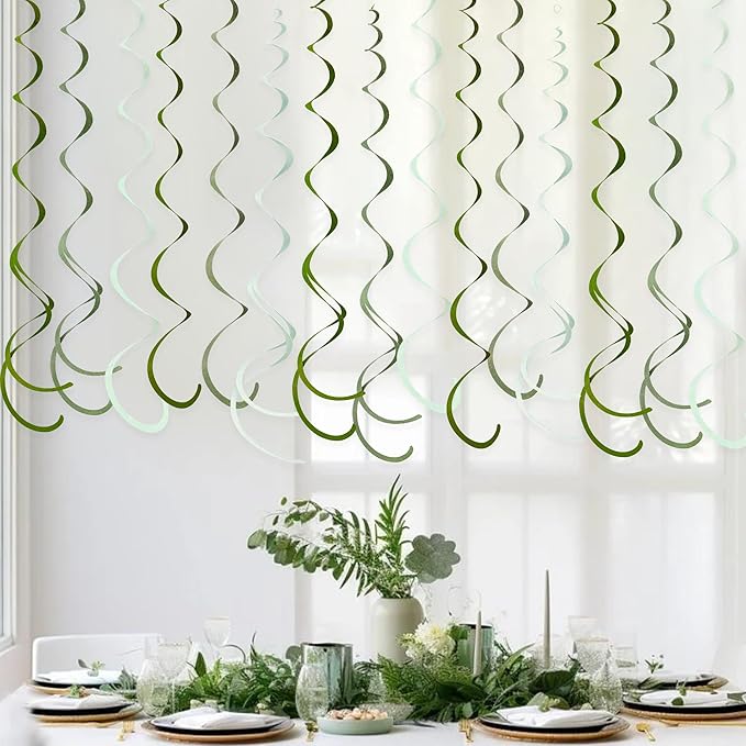 36Pcs Olive Green Hanging Swirl Decorations Ombre Sage Green Felt Swirl Streamer Spiral Ceiling Garland for Neutral Baby Shower Birthday Wedding Engagement Safari Jungle Woodland Party Supplies