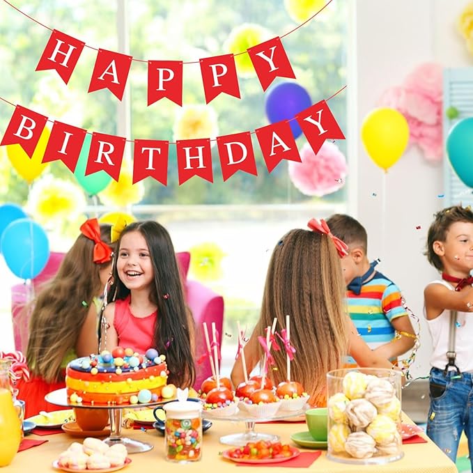 Hooqict Red Happy Birthday Banner Sign for Backdrop Red Birthday Party Decorations for Women Men Party Supplies Wall Door Banner Garland Bunting Flag