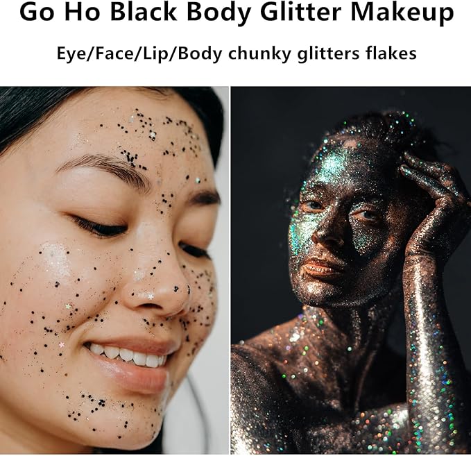 Go Ho Black Face Body Glitter,Halloween Face Paint Glitter Makeup,Holographic Chunky Sequins Glitters for Festival Cosplay SFX Costume,Festival Rave Accessories,Eye Black Glitter Gel