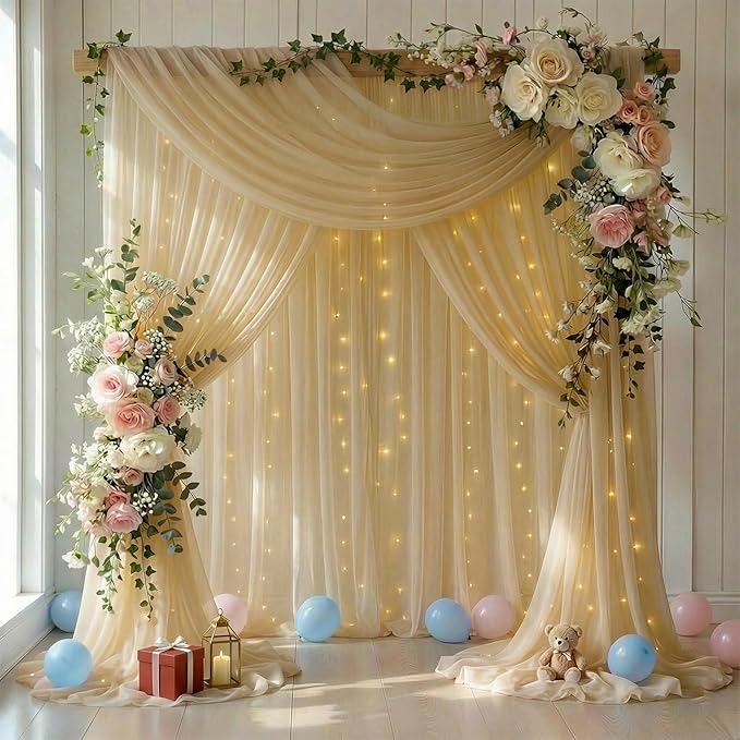 10 FT x 10 FT Champagne Backdrop Curtain - Tulle Backdrop Curtain with 9.8FT Lights String - Sheer Backdrop Curtains with 4 Inch Rod Pockets for Birthday Party Weddings Baby Shower Photo Booth Props