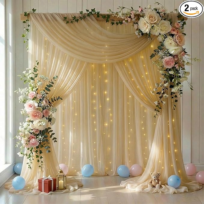 10 FT x 10 FT Champagne Backdrop Curtain - Tulle Backdrop Curtain with 9.8FT Lights String - Sheer Backdrop Curtains with 4 Inch Rod Pockets for Birthday Party Weddings Baby Shower Photo Booth Props