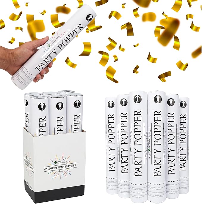 Confetti Cannons 12" – 6 Pack Gold Mylar Confetti Poppers | Party Poppers for Weddings, Birthdays, Graduations & Events | Air-Powered, Safe & Easy to Use | Shoots 25 Feet Indoor & Outdoor