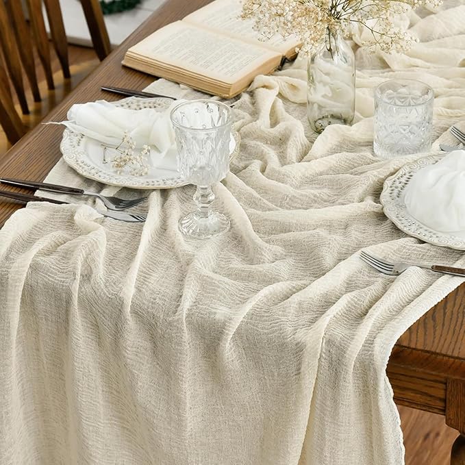 Artoid Mode Boho Cheesecloth Gauze Beige Wedding Table Runner, 160 Inch Seasonal Fabric Kitchen Dining Holiday Table Decor for Home Party Indoor