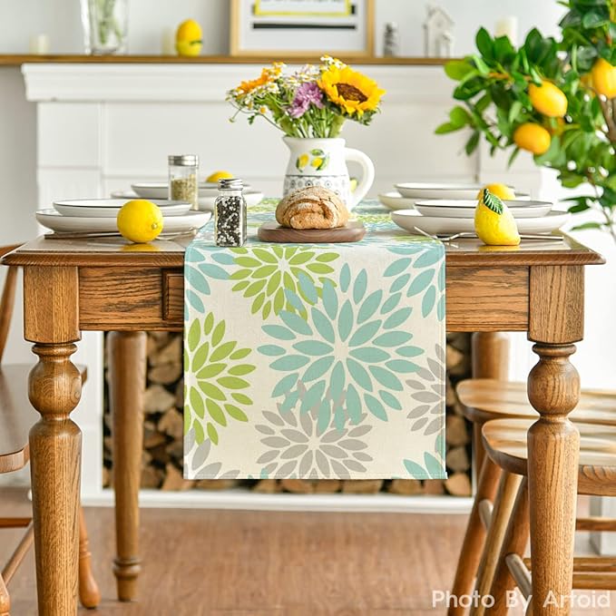 Artoid Mode Green Dahlia Floral Pinnata Summer Table Runner, Spring Kitchen Dining Table Decoration for Home Party Decor 13x72 Inch