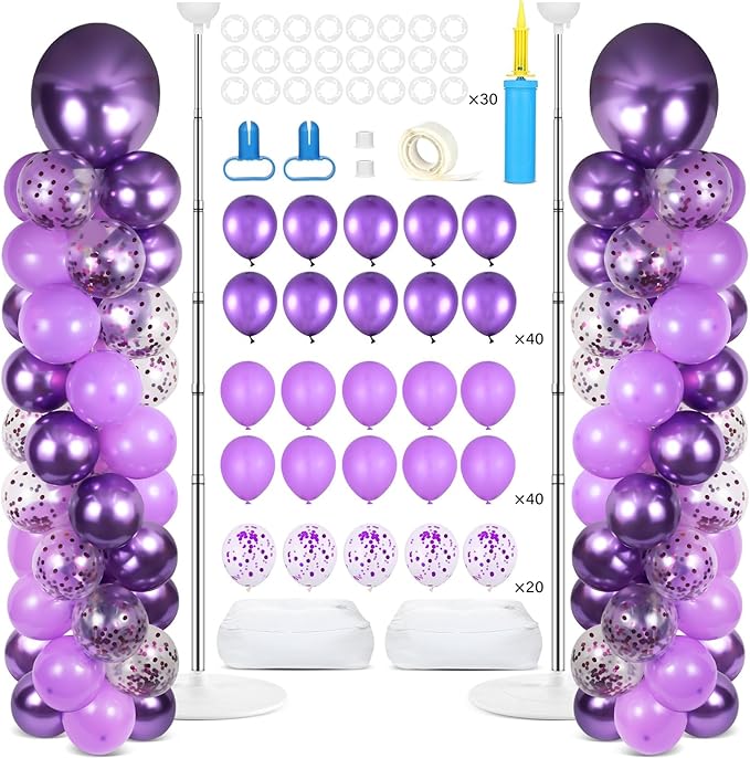 2 Sets Purple Balloon Column Stand Kit with 100 Balloons Lavender Adjustable Balloon Tower Stand with Bases for Floor Purple Confetti Balloon Column Kit for Christmas Birthday Holiday New Year