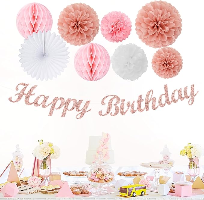 Light-Pink Rose-Gold Birthday Garland Party-Decorations - 14pcs Happy Banner Women Paper Flowers Lanterns Tissue Pom Poms,Streamers Fans Honeycomb Girls Adult Women Kids Hanging Supplies Decor Hugfond