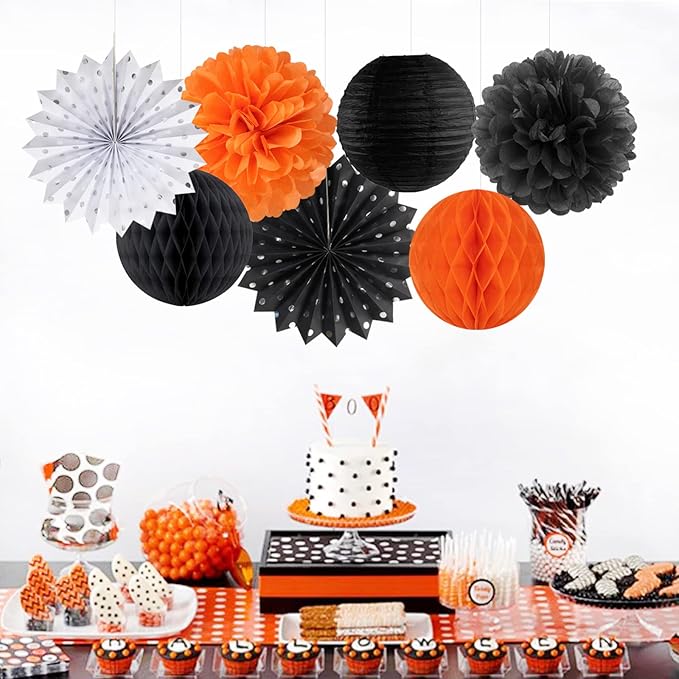 Black Orange White Halloween Party-Decorations - 14pc Kit Paper Lanterns Fan,Tissue Flower Pom Poms Streamers,Honeycomb Balls,Graduation 2024 Birthday Wedding Baby Bridal Shower Decor Lasting Surprise
