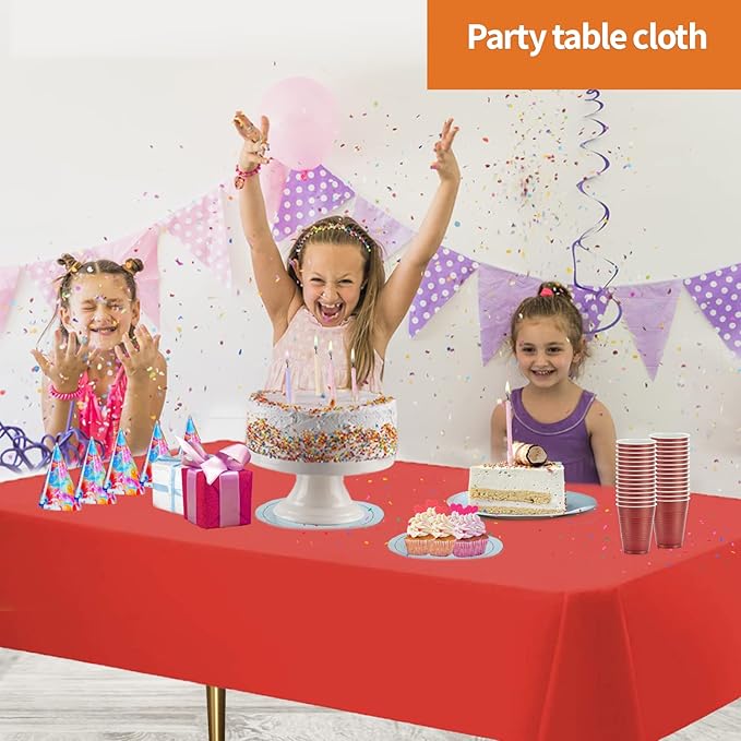Party Dimensions Red Tablecloth Disposable Plastic Table Cover for Rectangle Tables (12 Pack) Premium Plastic Table Cloths for Parties, Events & Weddings, Indoors/Outdoors, 54"x108"