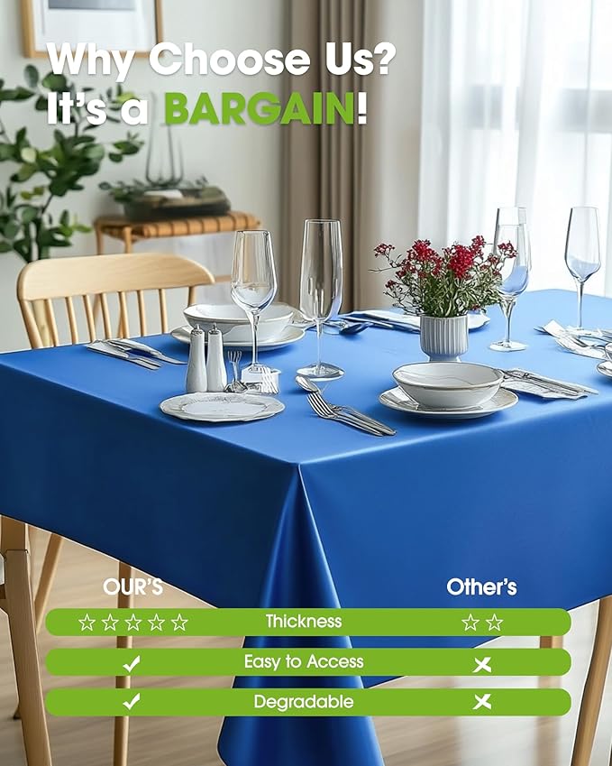 Pureegg Plastic Table Cloth Disposable 10 Pack, 54 x 108 Inch Table Cloths, Patriotic Decorations, Thanksgiving, Veterans Day Tablecloths, Rectangle, Plastic Cover, Leakproof & Sturdy, Blue