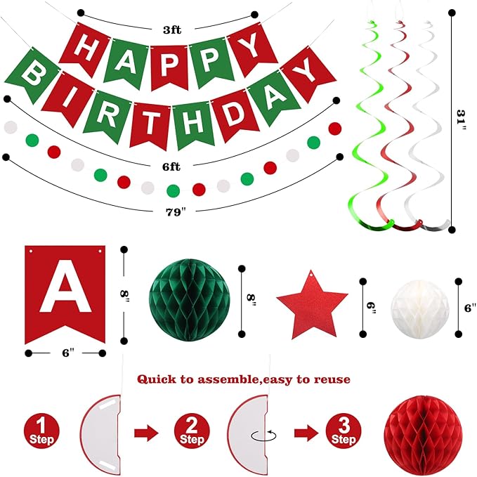 meowtastic Birthday Decorations, Happy Birthday Banner with Honeycomb Balls, Stars Hanging Swirl Streamers, Circle Dots Garland, Happy Birthday Party Decorations for Women Men Boys Girls (Red & Green)