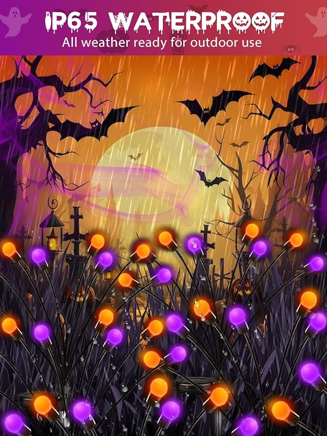 Albelt Halloween Decorations Outdoor, 6 Pack Solar Firefly Lights Outdoor, 48 LED Solar Halloween Lights, Waterproof Swaying Garden Light (Sway by Wind) for Outside Pathway Decor (Orange and Purple)