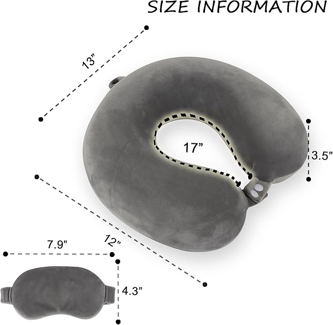 Pure Memory Foam Travel Pillow Set for Adults - Comfortable & Removable Machine Washable Cover, Neck Support Pillow Airplane Travel Kit with Eye Mask for Portable Plane Accessories -Dark Grey