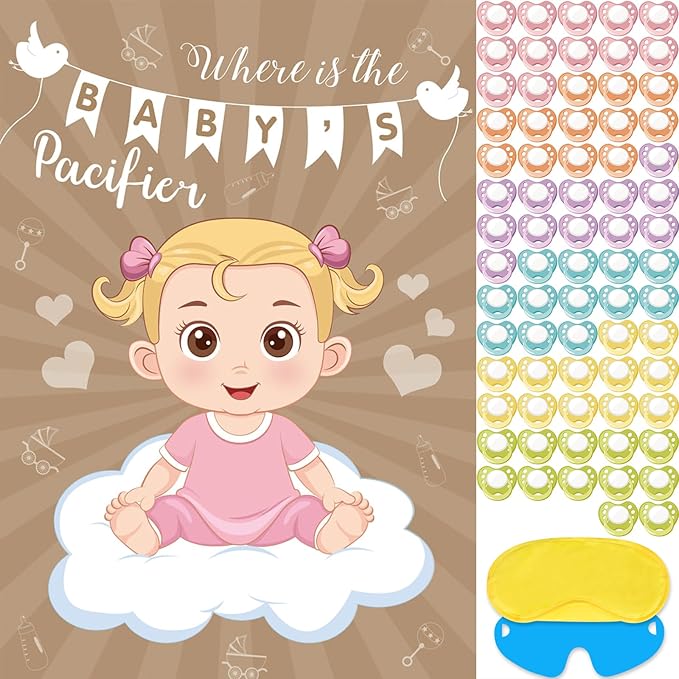 Hxezoc Baby Shower Game Pin The Pacifier On The Baby Game with 72 Pcs Pacifier Stickers, Large Baby Party Games Poster for Girls Kids Baby Shower Party Birthday Party Supplies