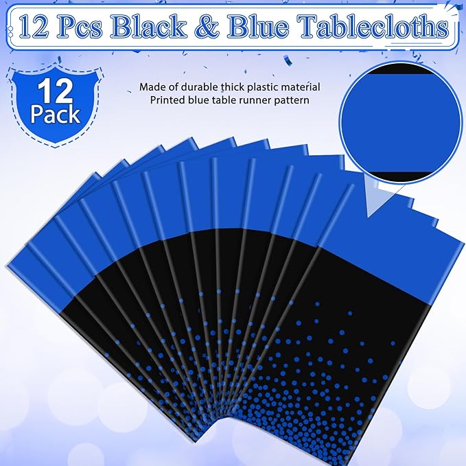 MASHAN 12Pcs Black and Blue Tablecloth Party Decorations,Plastic Black Table Cloth Printed Blue Runner Disposable Rectangle Table Cover for Birthday Wedding Anniversary Graduation Party,54 x108 Inch